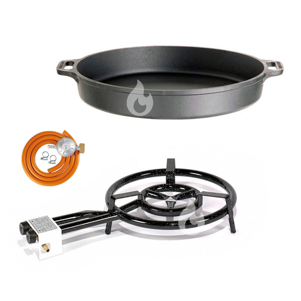 Gastro set paella pánev litinová 60 cm s 40 cm hořákem paella s připojením na PB láhev